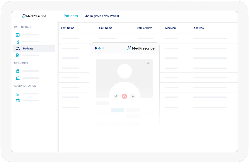 A digital healthcare dashboard displays a patient management interface with tabs for patients, medicines, and administration on a white tablet screen.