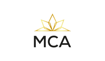 A gold geometric crown above the black letters "MCA" on a black background.