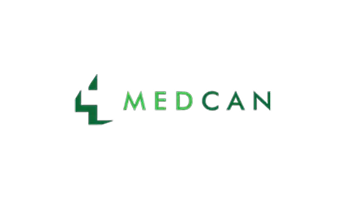 Green "MEDCAN" logo with a geometric, abstract symbol on the left, all set against a black background.