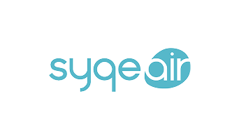 The image shows the blue SyqeAir logo, with stylized lowercase letters and a circular graphic element integrated into the "air" portion of the text.